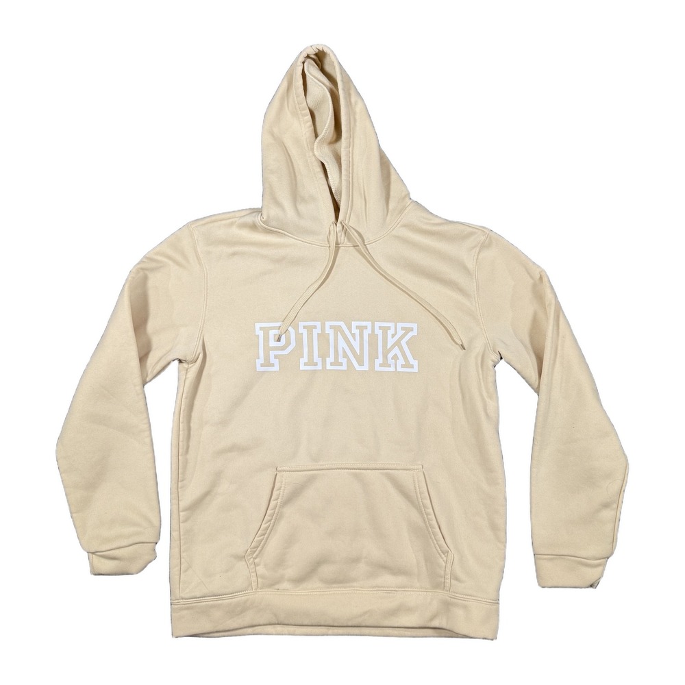 PINK Pullover Hoodie Tan Beige Graphic Logo Fleece Lined Sweatshirt Medium